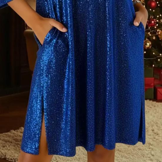Women's Sequin Mini Dress Glitter 3/4 Sleeve V-Neck Dress Sparkly Cocktail Party Club Split Dress with Pockets