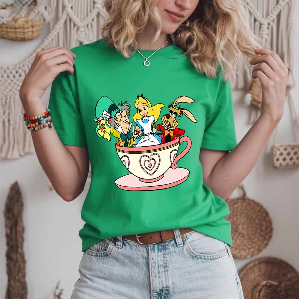 Disney Alice In Wonderland Teacup Trio Print Cotton T Shirt For Women Casual Comfortable Daily Wear Soft Breathable Tee
