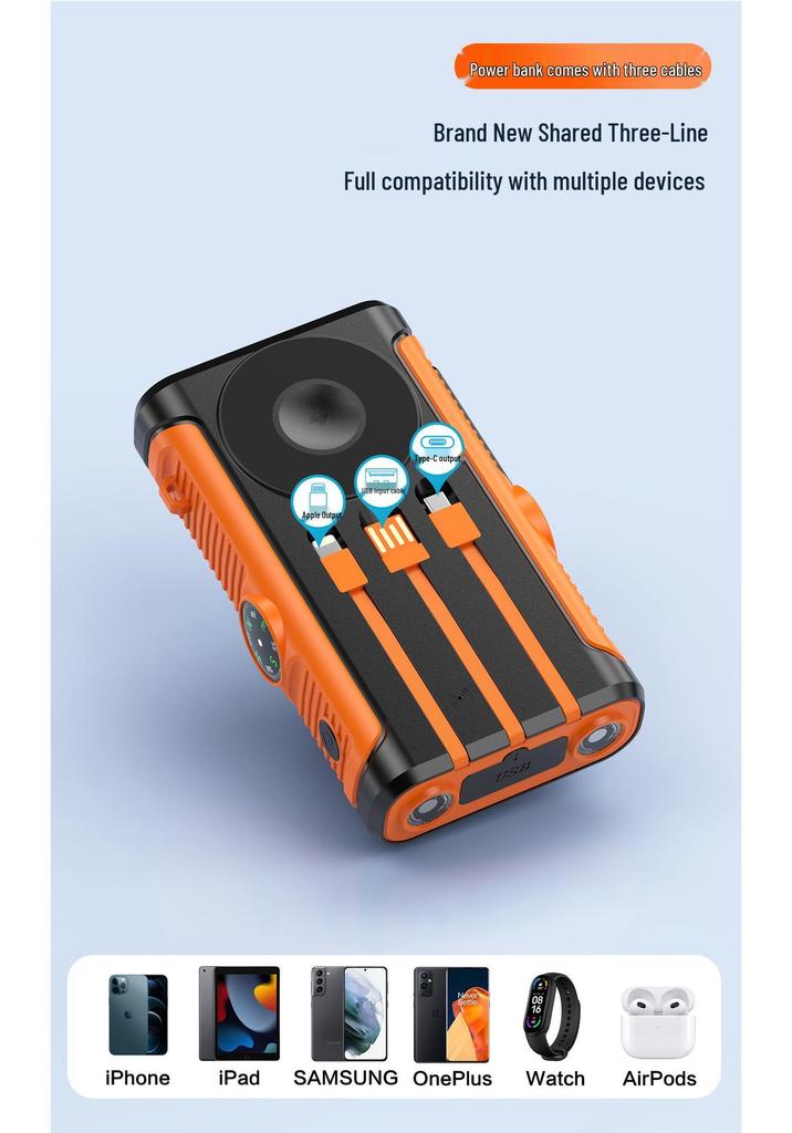 Solar Hand-Crank Power Bank & Magnetic Wireless Charger with PD 22.5W Fast Charging & Built-in Cable - Camping Mobile Power Supply.