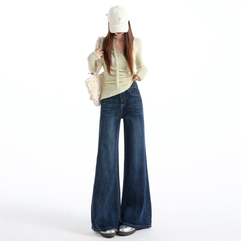 No legs slightly pulled jeans women's spring new high waist loose wide legs thin versatile horn pants