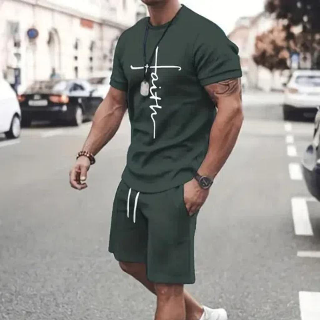 Summer Men's Suit Street Fashion Loose and Comfortable T-Shirt Outdoor Sports Running Fitness Shorts Text Printing