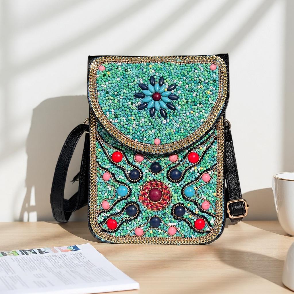 Women's Small Crossbody Cell Phone Bag Boho-Style Colorful Beaded Purse Wallet with Handmade Patterns Lightweight Cell Phone Shoulder Bag for Women