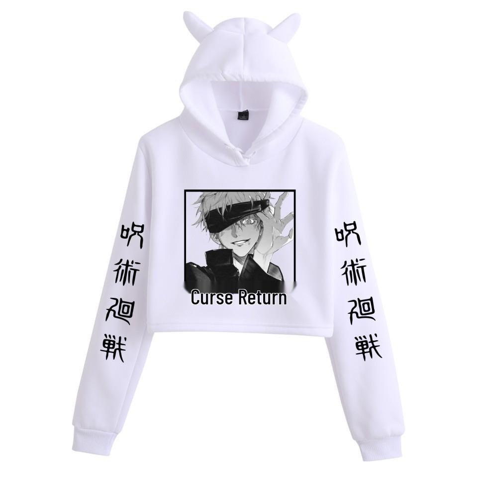 Jujutsu Kaisen Cropped Cat Ear Hoodie for Girls - European & American Anime Style