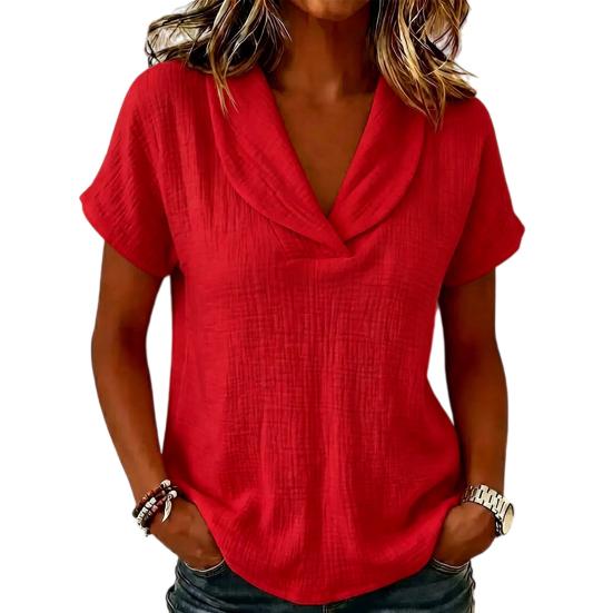

Women V-Neck T-Shirt Short Sleeve Solid Color Summer Blouse Loose Fit Fashionable Collared Casual Tee for Work Party Date Wear M червоний