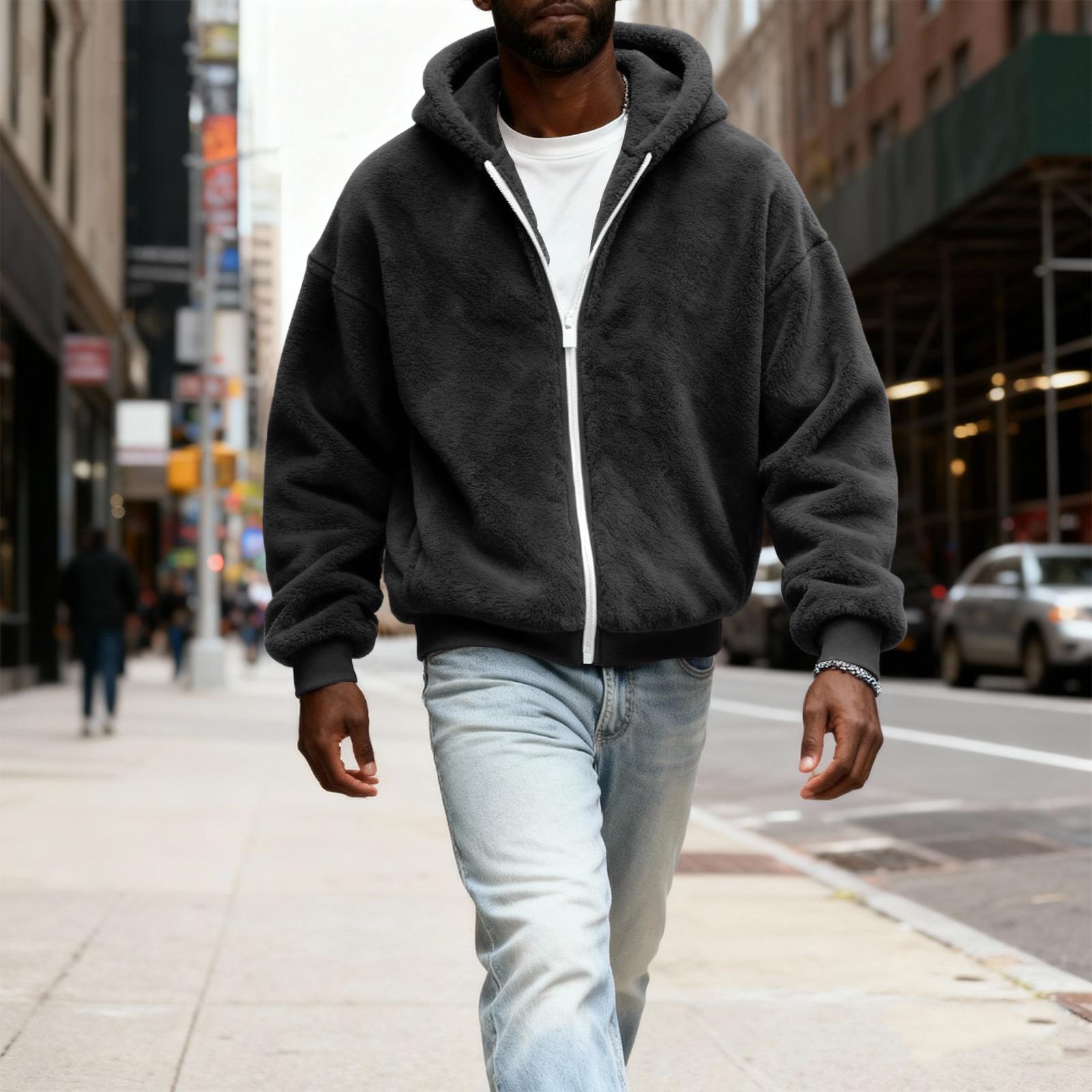 

Mens Fuzzy Zip Hoodie Sweatshirt Plush Zipper Jacket With Hood For XXL чорний