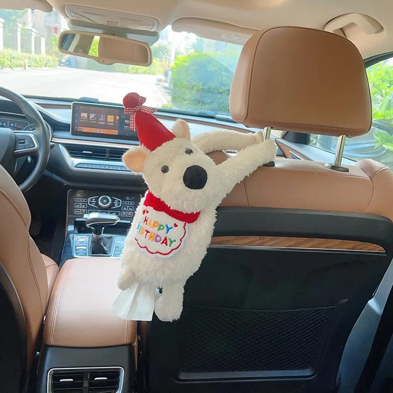 Soft Plush Tissue Box Cute Pet Hanging Car Paper Tower Box Creative Plush Doll Tissue Box In-car Armrest Doll Decoration