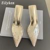 Fashion Eilyken Summer Gold Silver Women Slipper Fashion CRYSTAL Pointed Toe  Slip On Mules Thin High Heel Ladies Pumps Sandals
