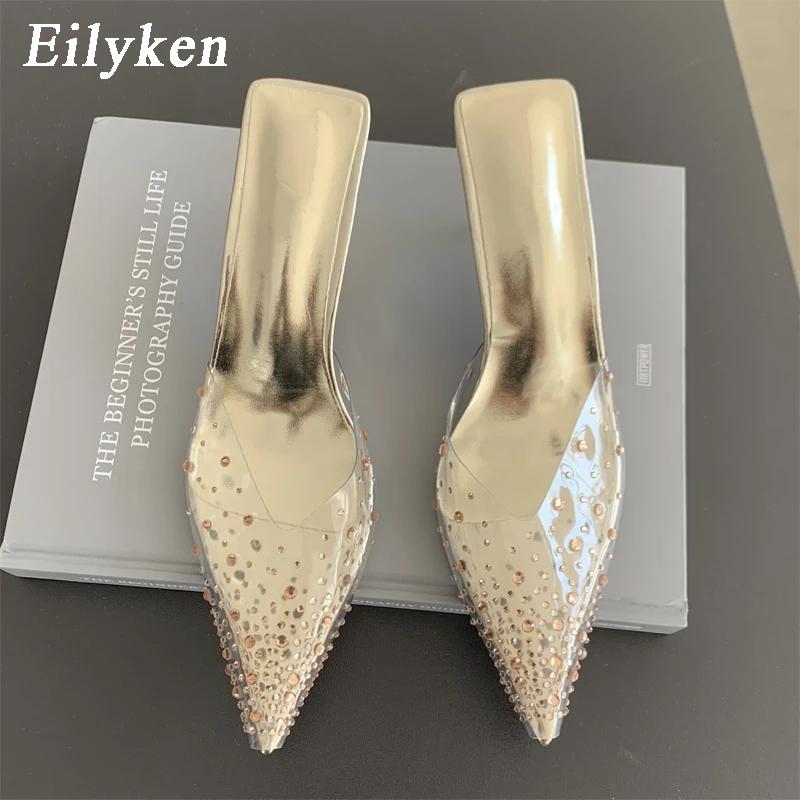 Fashion Eilyken Summer Gold Silver Women Slipper Fashion CRYSTAL Pointed Toe  Slip On Mules Thin High Heel Ladies Pumps Sandals