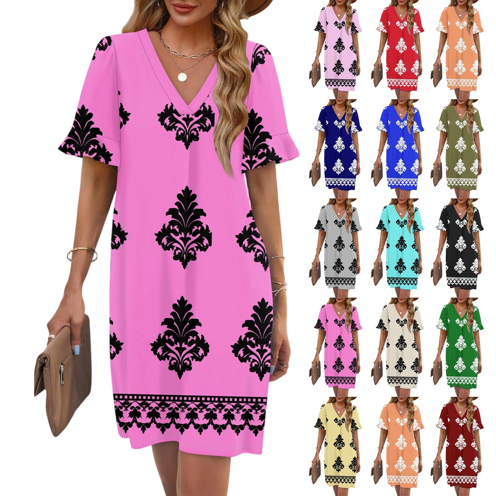 

Women s Summer Vintage Print Dress Pleated Short Sleeve V-Neck Pocket Casual Dress S синій