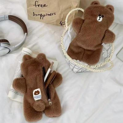 Cute Soft Plush Animal Brown Bear Large Capacity Pencil Bag Stationery Storage Bag Student Supplies Gift