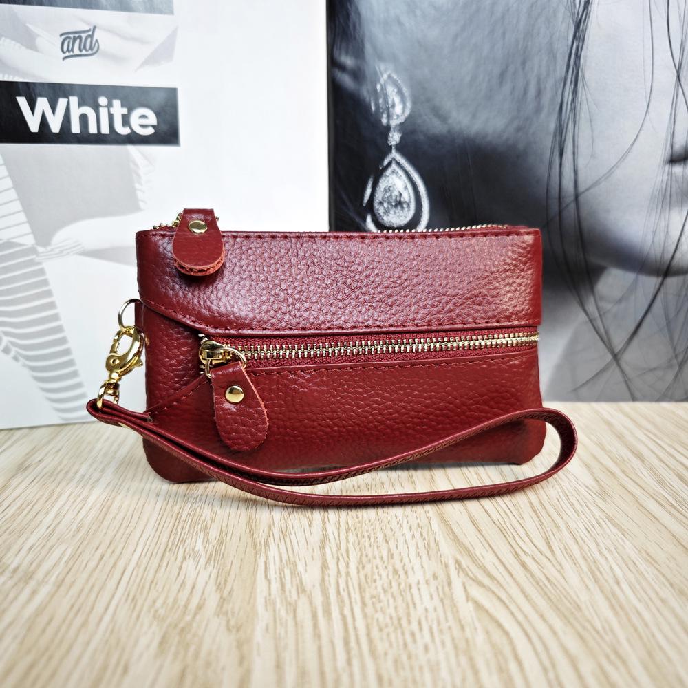 Top-Grain Cowhide Leather Wristlet: Key Pouch, Coin Purse, Card Holder, Wear-Resistant Multifunctional Small Handbag.