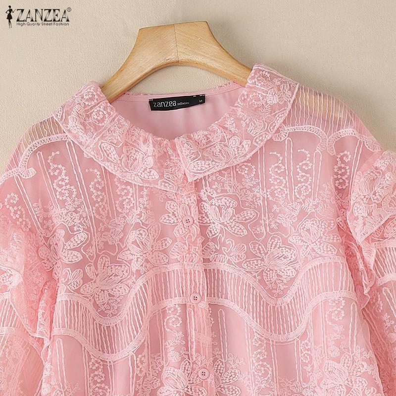 ZANZEA Women Casual Round Neck Long Sleeve Loose Lace Blouse