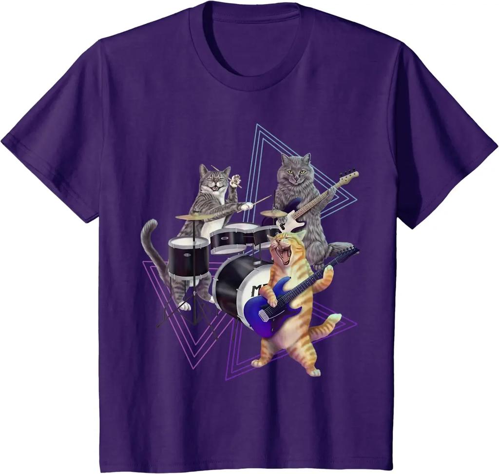 Cat Band Rock Kitties On Bass Guitar and Drum FunnyT-Shirt Clothing Casual Cotton Daily Four Seasons Streetwear Unisex