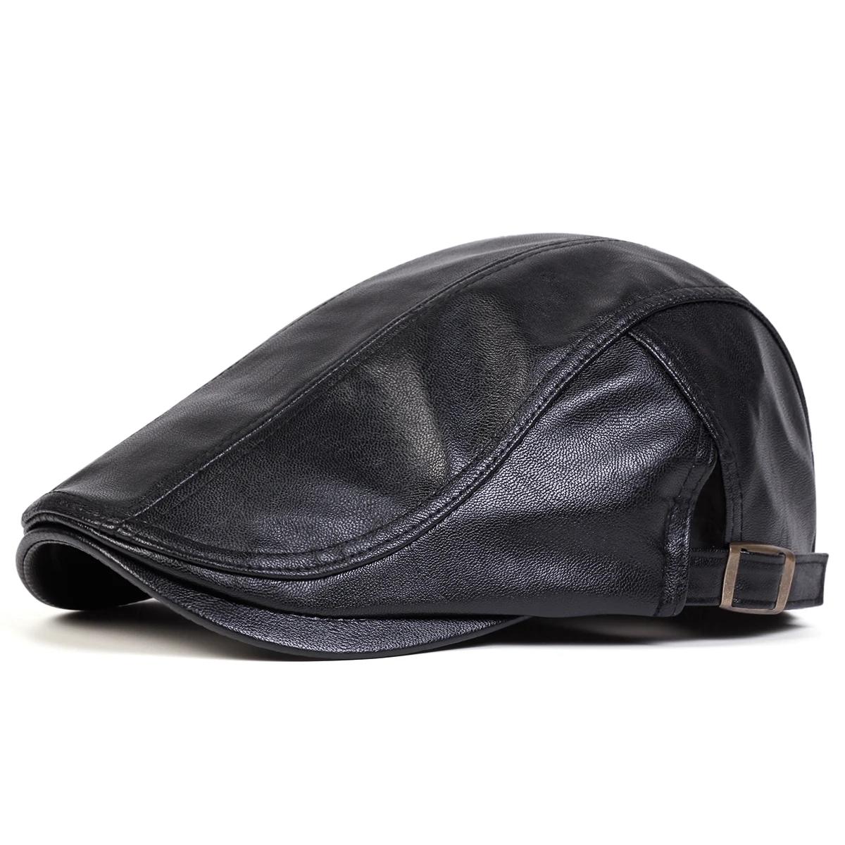 

Men Retro Pu Leather Solid Color Newsboy Caps British Painters Hats Spring Autumn Side Adjustable Flat Cap Hip Hop Berets