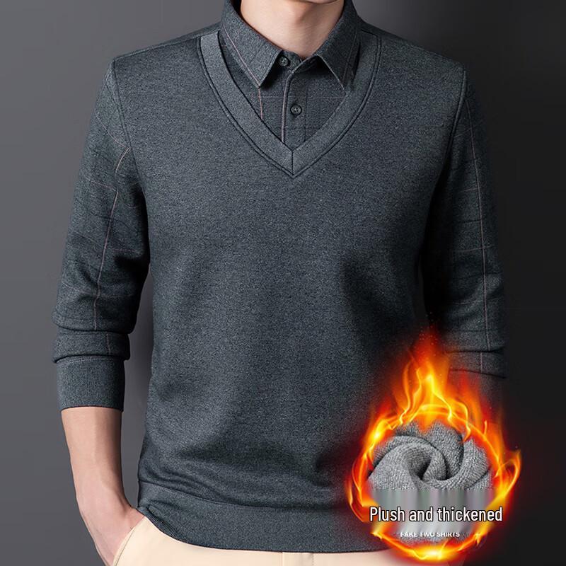 ROMON Men's Fleece Lined Faux Two-Piece Knit Sweater