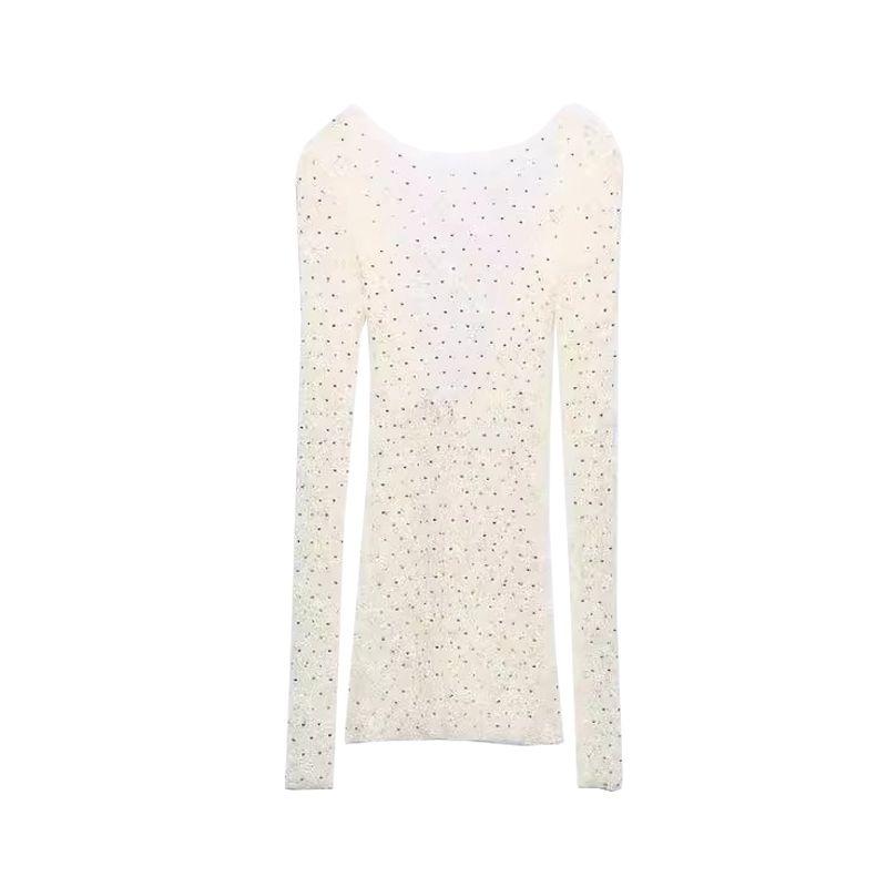 Spring New Women's Clothing Long Sleeves Round Neck Rhinestone Bottoming Shirt Sexy Lace Open Back Tops 1058003