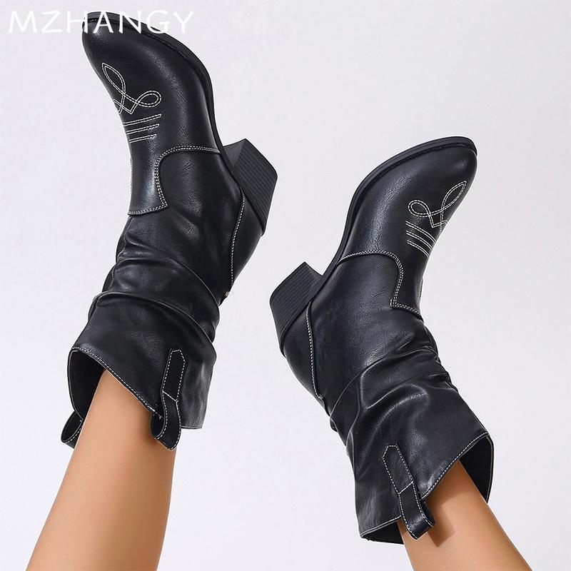 Fashion High Heels Women Mid Calf Boots Designer Chunky Dress Leather Shoes Woman 2024 Trend Pumps Winter Eleglant Chelsea Botas Mujer