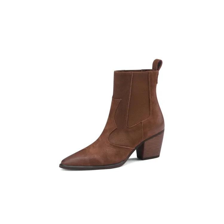 Мода НОВЫЕ Осенние Женские Ботинки Острый Носок Массивный Каблук Обувь Натуральная Кожаная Обувь для Женщин Повседневные Слипоны Вестерн Ботинки Короткие Ботинки 38 5250₽