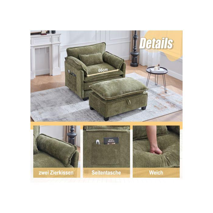 Fauteuil - MUVOE - Velours - Confortable - Poches latérales - Tabouret de rangement