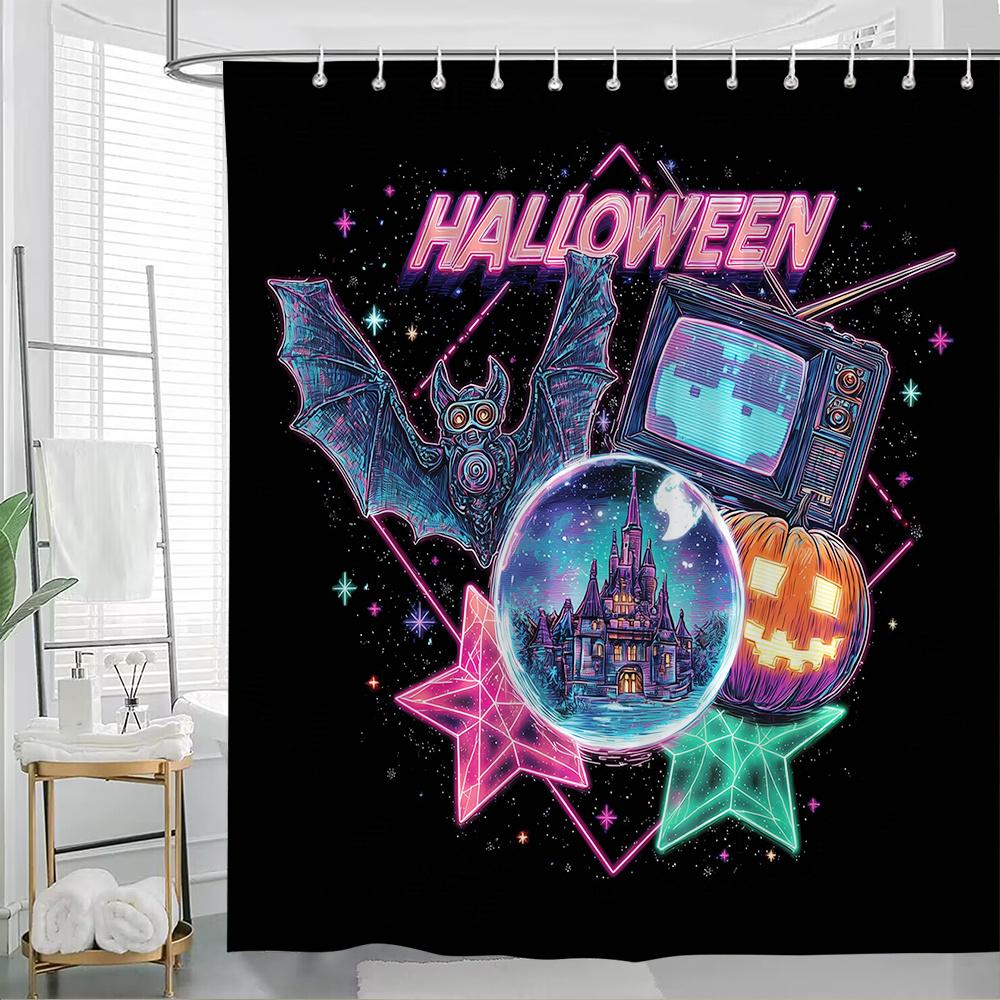 

1Pc Halloween Shower Curtain - Spooky Bathroom Decor With Bats, Pumpkin Castle, Vintage Tv - Large 70.8X70.8 Inch Polyester Fabr W60H190(CM)-1 Pcs