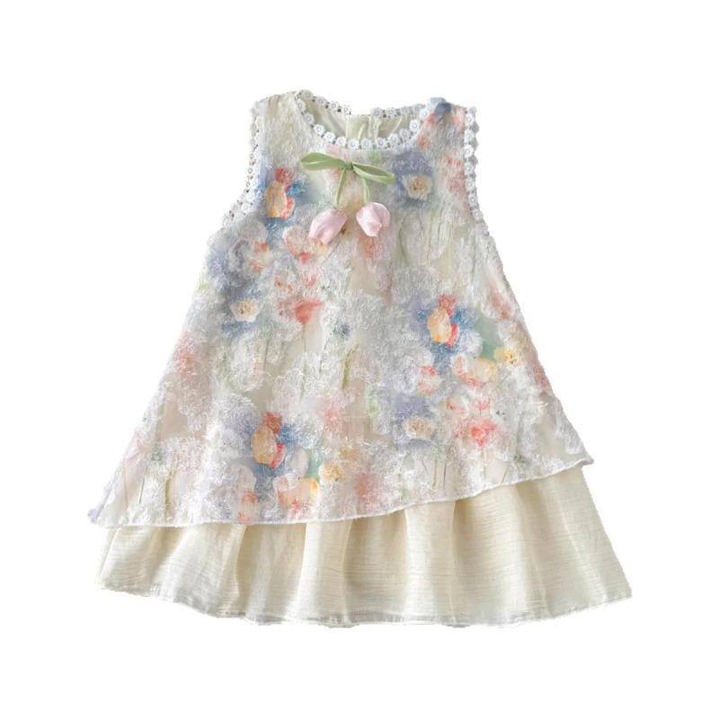 Girls Sleeveless Tulip Print Dress Bow Soft Summer Dress Sweet Princess Outfit Kids Dresses