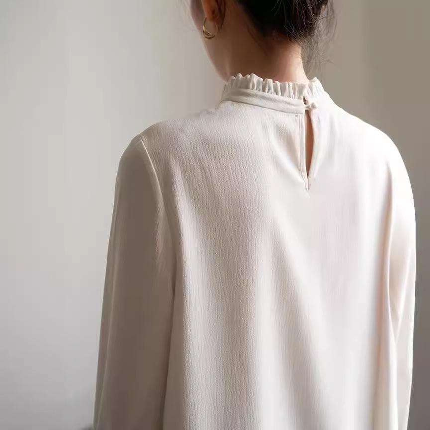 Women's French Style Ruffle Mock Neck Long Sleeve Blouse Elegant Office Commuter Shirt Layering Top For Spring