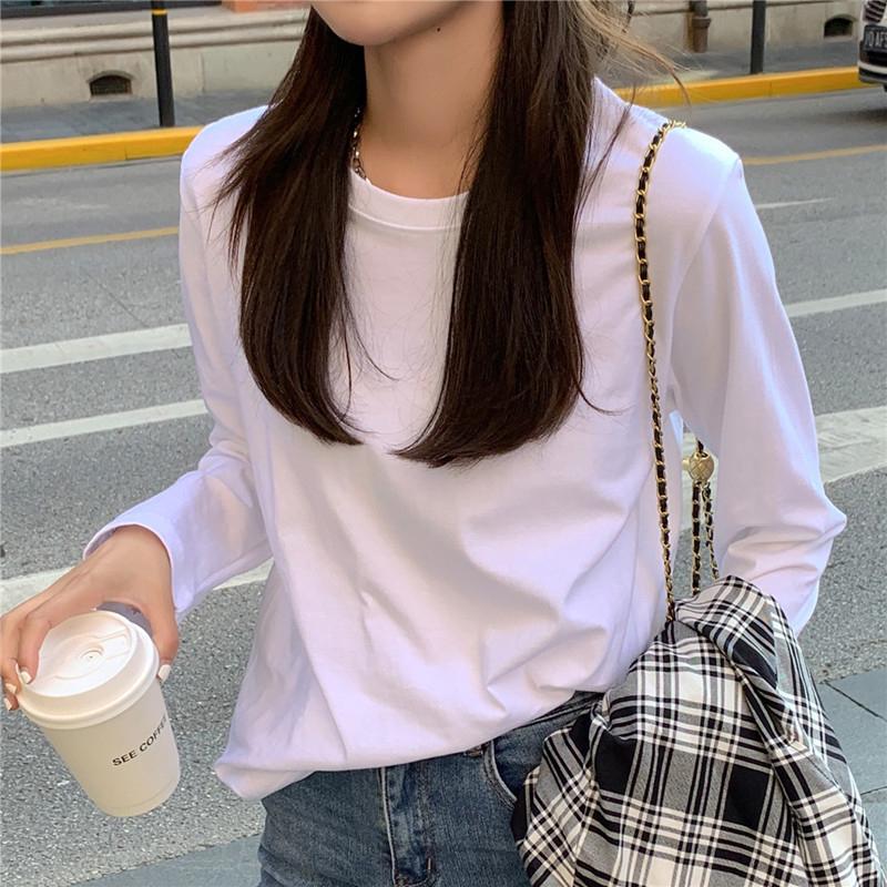 Women's 2025 White Fleece-Lined Cotton Long Sleeve T-Shirt – Loose Fit Inner Wear for Spring