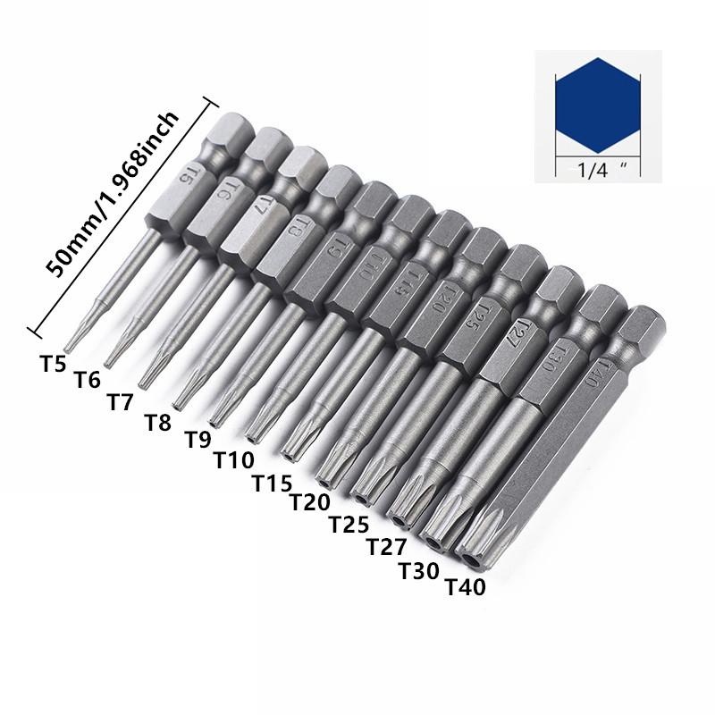 12pcs 50mm 1/4" Hex Shank Hole Security Torx Bits - T5 to T40 - Perfect for DIY Projects