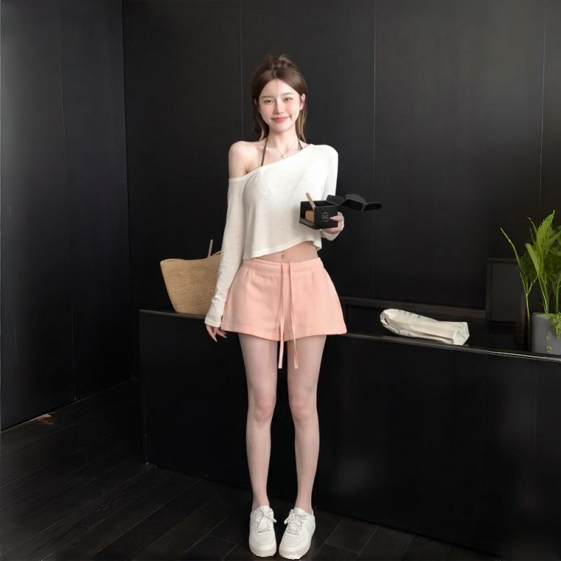 Sweet Spice Girl Casual Off-Shoulder Long Sleeve T-Shirt Women's Summer Slim-Fit Short Slash Shoulder Top Bottom Shirt