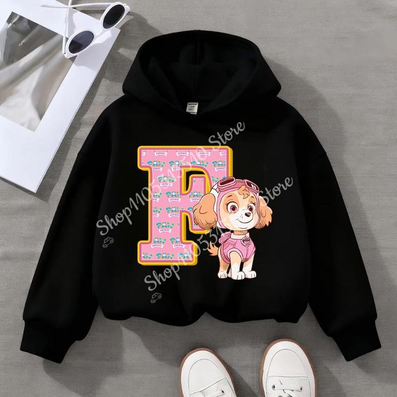 Child Black Long- Sleeve Hoodie Girls Skye Polyester Top Cartoon Letter A-Z Printed Pullover Children Birthday Gifts