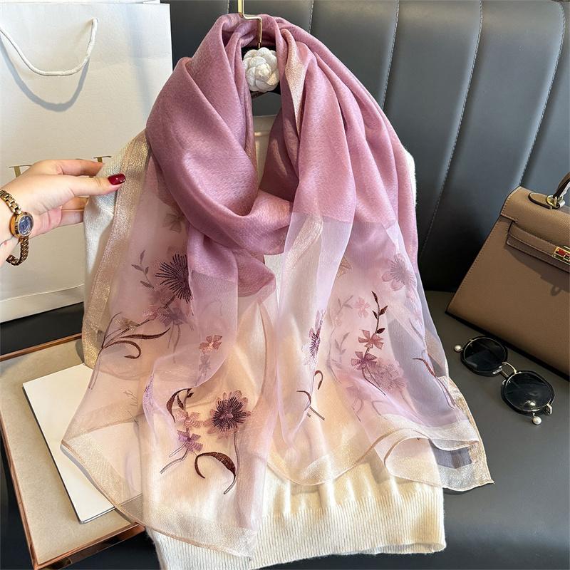 Luxury Silk Shawl Scarf For Women Design Embroidery Flowers Hijab Wraps Bufandas Female Headkerchief Fouloud Echarpe