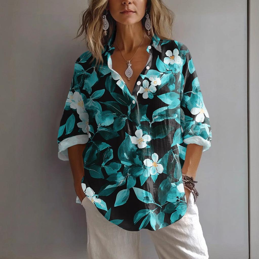 Women's Casual Spring And Summer Loose Printed Casual Sleeved Lapel Pullover Shirt