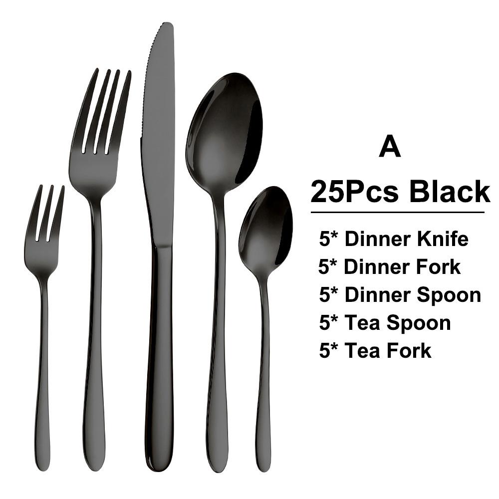 15/20/25/30Pcs Black Tableware Western Dinnerware Stainless Steel Cutlery Set Mirror Knife Fork Spoon Dessert Fork Flateware