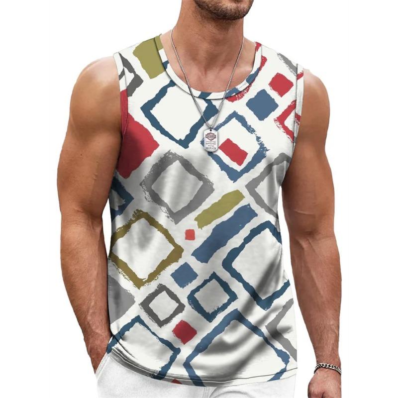 Canottiera Uomo Retro Geometrica Stampata 3D Estiva Casual Girocollo Tendenza Moda Gilet Senza Maniche Ampio Traspirante Top Sportivi