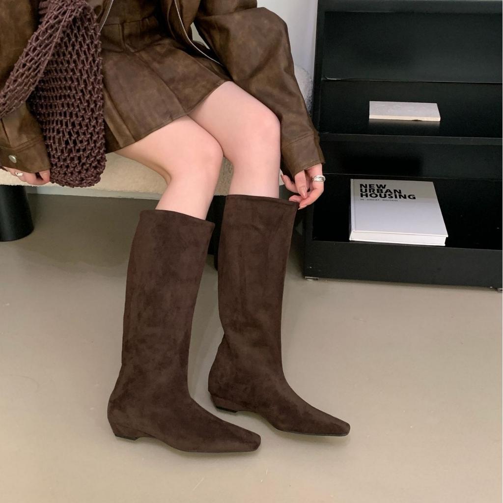 2025 autumn and winter new Korean version square head low heel high zipper thin boots children's versatile fashion knight boots