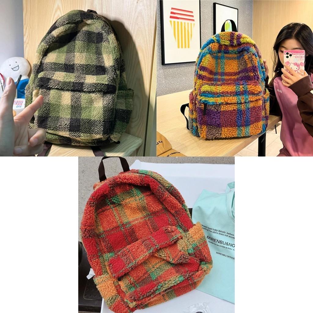 New Korean Style Plush Color Block Grid Contrast Shoulder Bag Large Capacity Student Backpack Travel Men And Women Bag