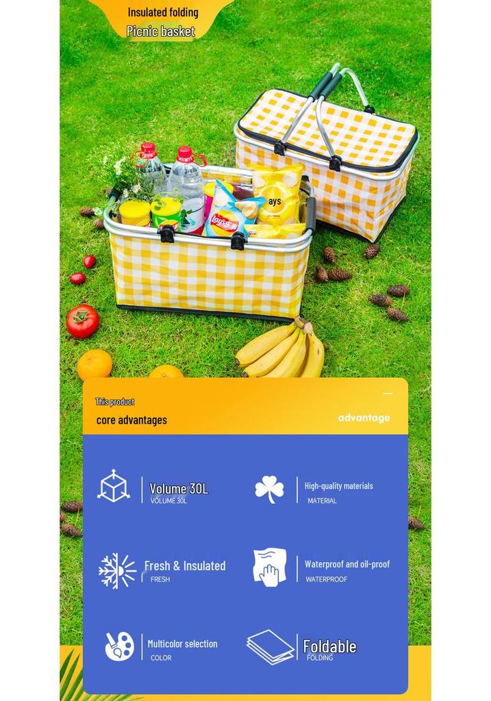 Large Capacity Portable Picnic Basket Cooler Bag with Aluminum Foil for Outdoor Camping