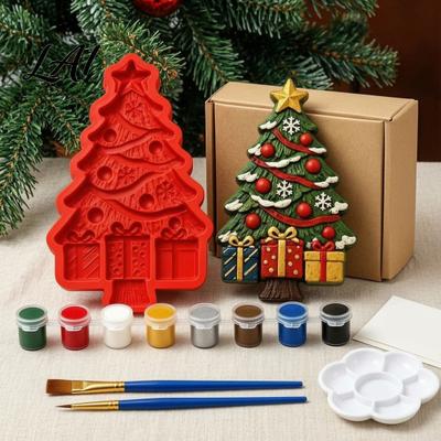 Parent Child Craft Activities Christmas Tree Mold Kit DIY Casting Painting Kit with Paints Palette And Holiday Ornament Making Set Brush Paint Your