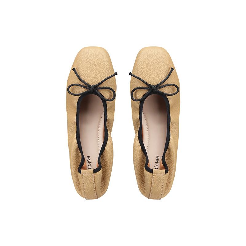 Advanced Sheepskin Version~ Grape Mother Same Gentle Bow Square Head Shallow Mouth Flat Bottom Soft Sole Ballet Single Shoe Women