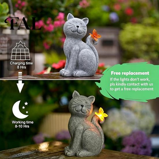 Durable Resin Outdoor Figurine Solar Cat Garden Statue, Cute Sculpture with Butterfly Light, Light Waterproof Animal Statue for Lawn Patio Yard