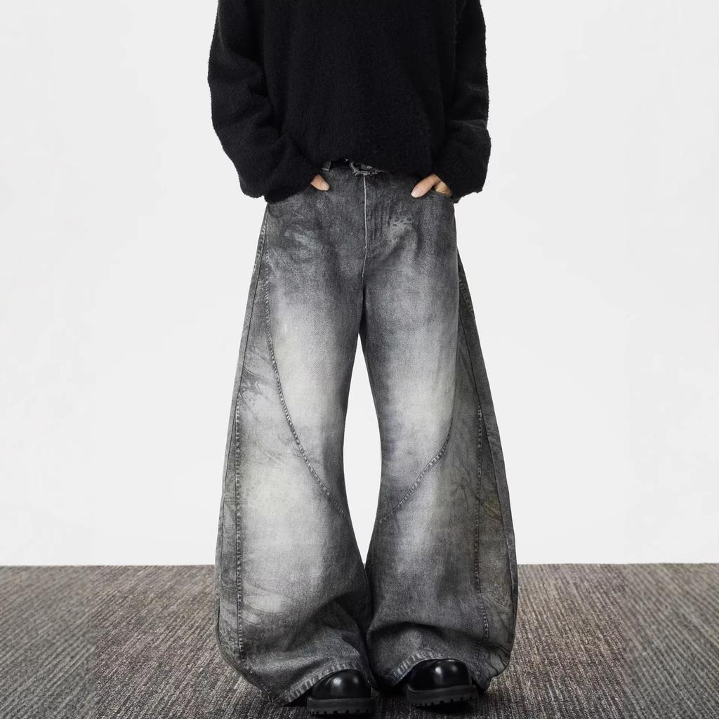Used D-Print Weitbeinige Jeans für Herren, Retro-Silhouette im Stil der amerikanischen Ödnis, Nischen-Oversized, gewaschene curved knife Hose