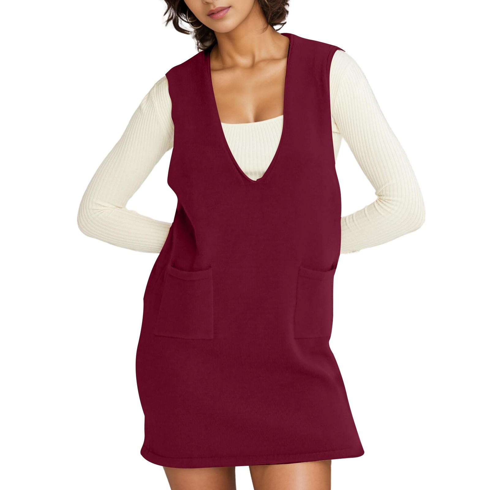 

Женская мода свободный жилет повседневный карман свитер однотонные платья сзади XL винный