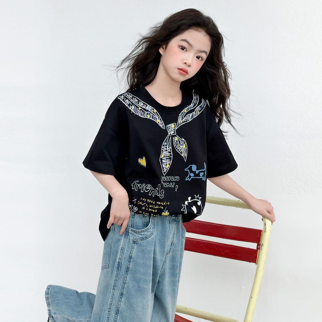 Girls Summer Loose Short Sleeve T Shirt Lightweight Graffiti Print for Big Kids