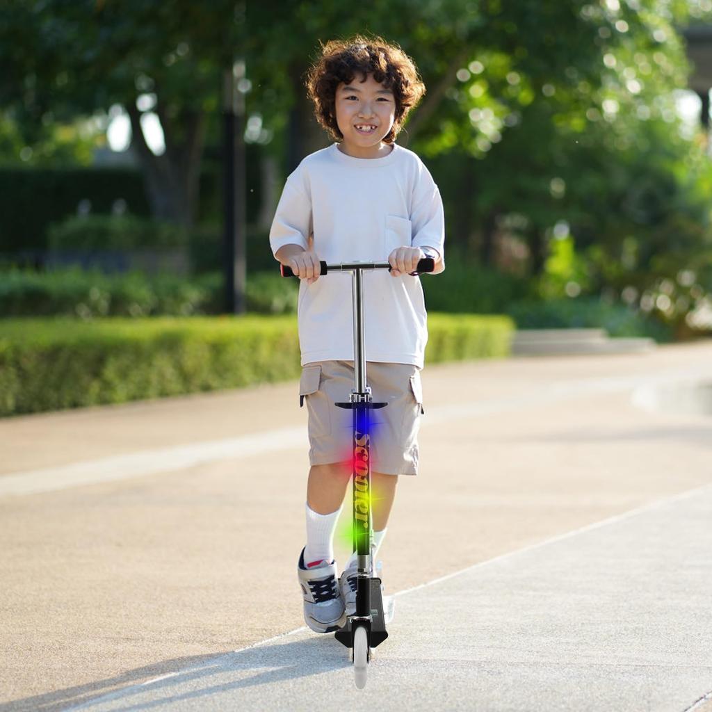 TENBOOM LED Light-Up Kids Kick Scooter, Foldable 2-Wheel with Adjustable T-Bar, 120 Mm PU Wheels, Rear Brake and Kickstand (Ages 3–12)