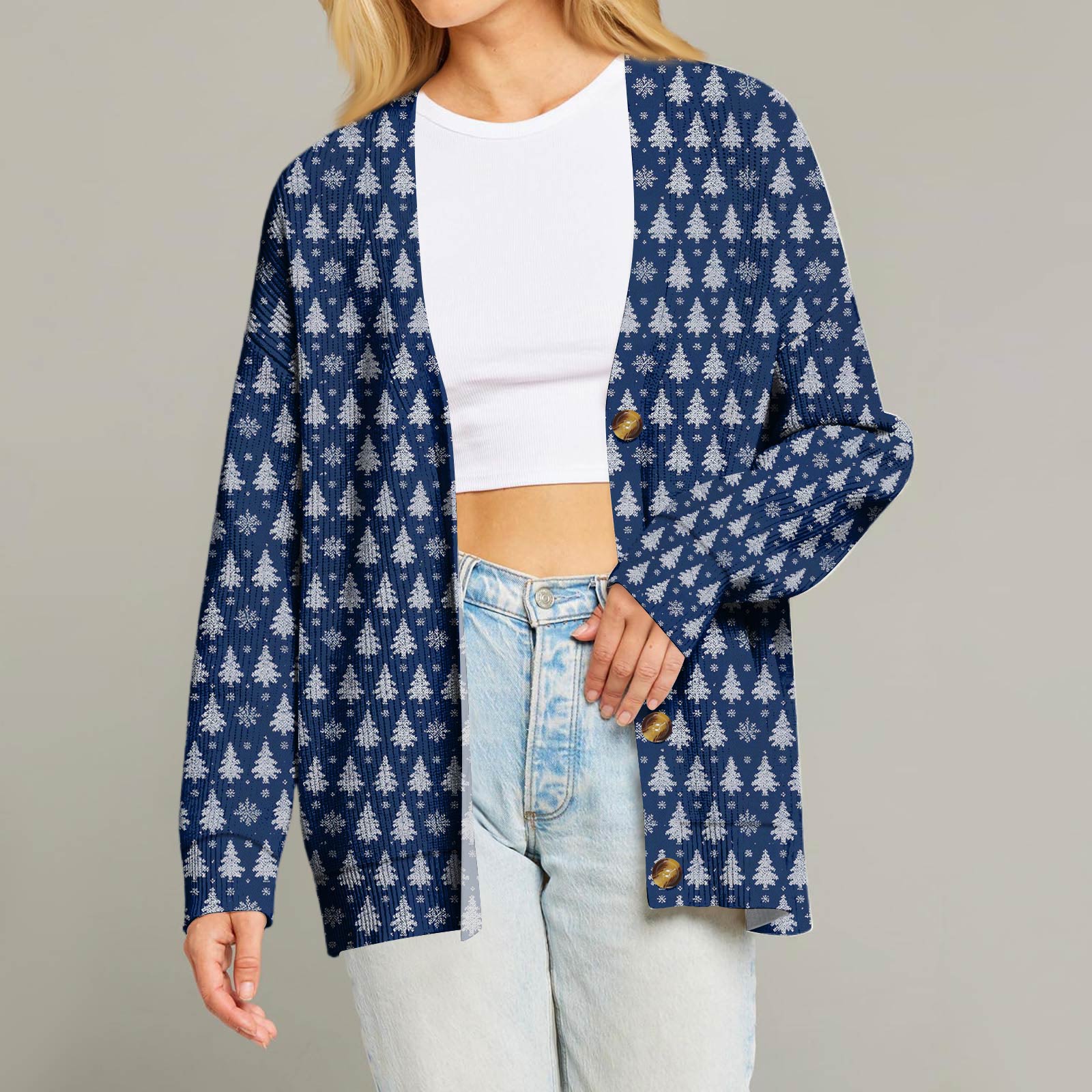 

Женский модный кардиган с длинным рукавом, V-образным вырезом, на пуговицах, свободного кроя, с рождественским принтом XXL синий