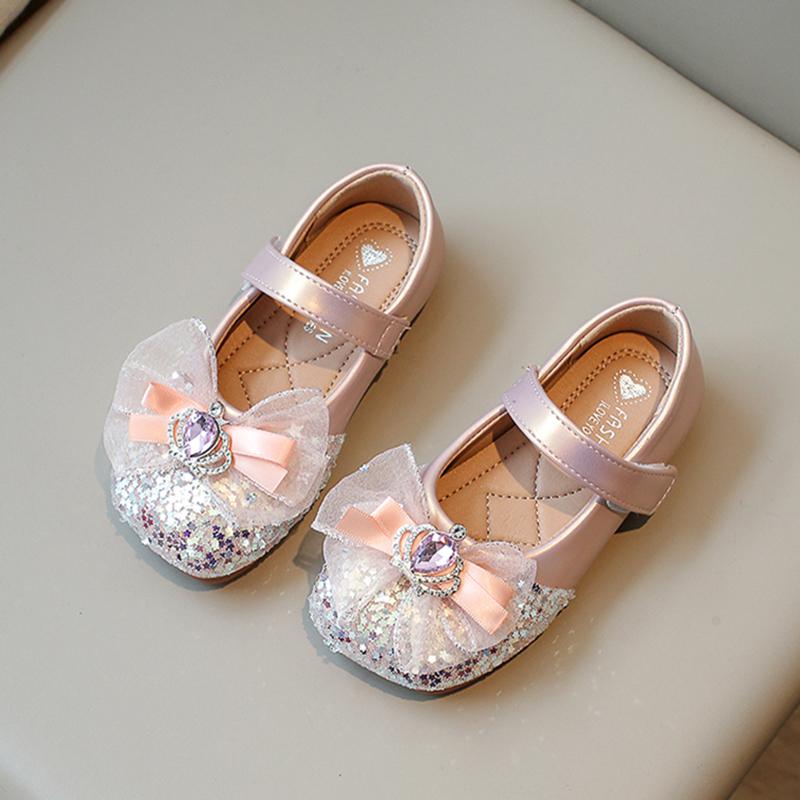 

Новые туфли Мэри Джейн для девочек для вечеринки, свадьбы, показов, со стразами, с бантом, с пайетками, на липучке, детские модные кожаные туфли 2024 корейские 23 розовый