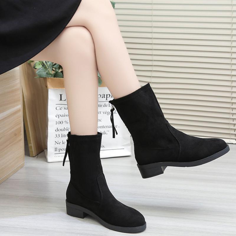 Mode Neue Schuhe für Frauen Mode Reißverschluss Damenstiefel Winter Runde Zehe Solide Flock Casual Short Barrel Niedrigen Absätzen Römerschuhe Frauen