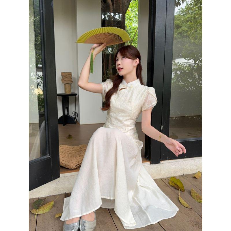 Kumikumi New Chinese Embroidery Hollow-out Short sleeve Dress Women Summer Age-Reducing Patchwork Waist Hugging A- line Skirt Long dress