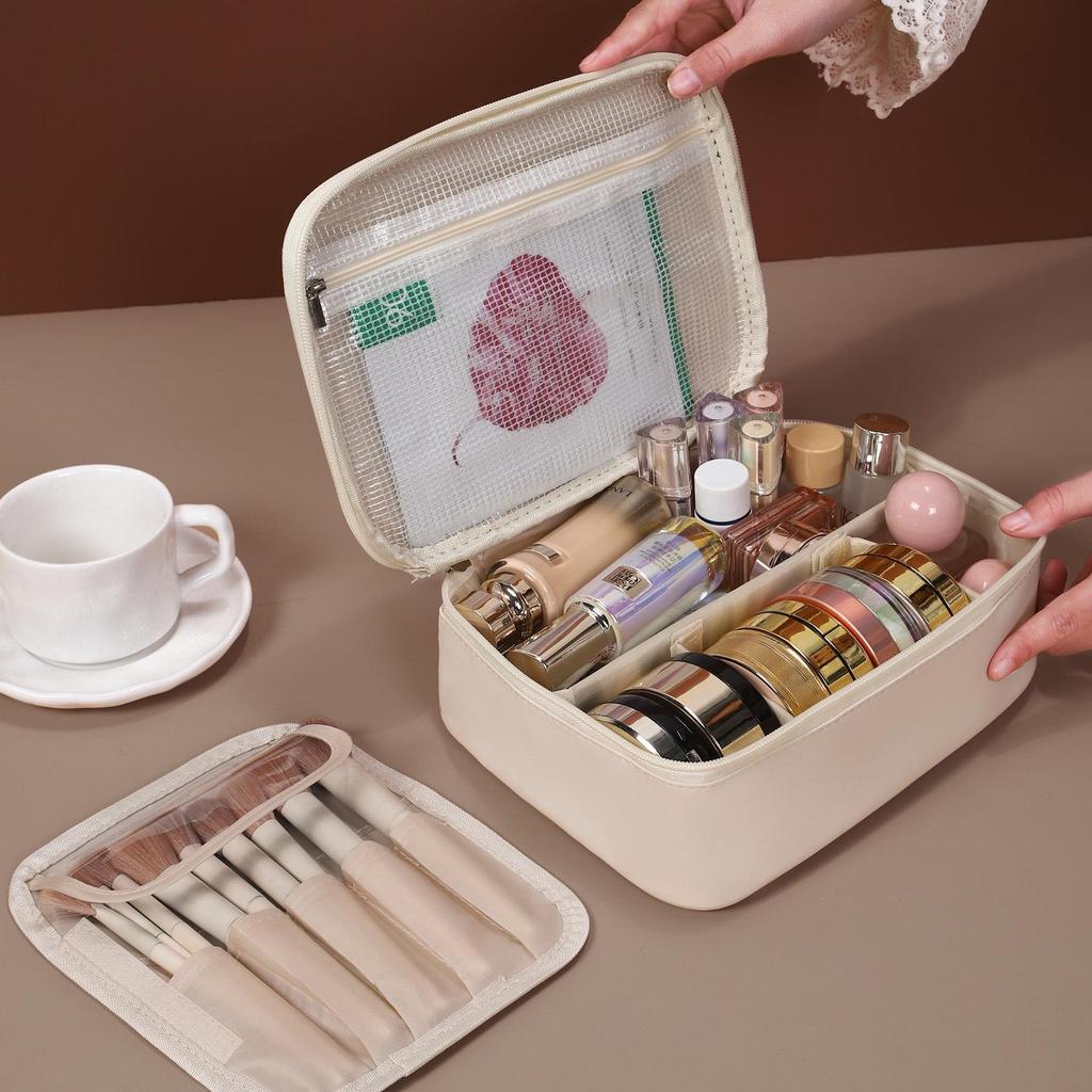 Waterproof PU Large Capacity Women's Makeup & Toiletry Bag with Partitioned Layers and Sturdy Design