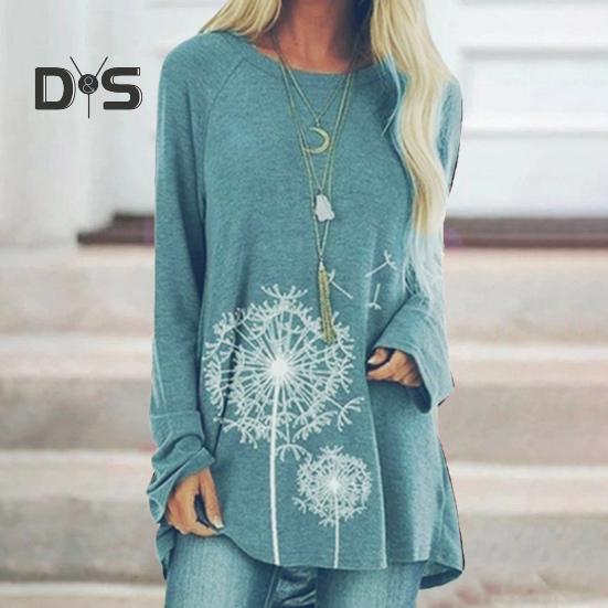 Women's Plus Size Tunic Top Dandelion Print Longline Shirt Crew Neck Long Sleeve Pullover Tee Casual Loose Fit Blouse for Work Daily Life